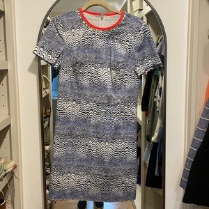 Trina Turk dress, blue and white with embellished orange neckline, size 4